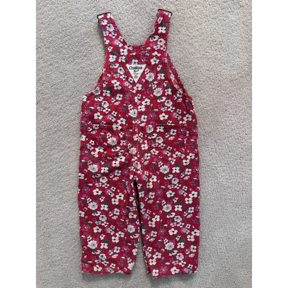 Oshkosh B’Gosh Vestbak Girl’s Red Corduroy Floral Overalls Cherry Blossom 18 Mo